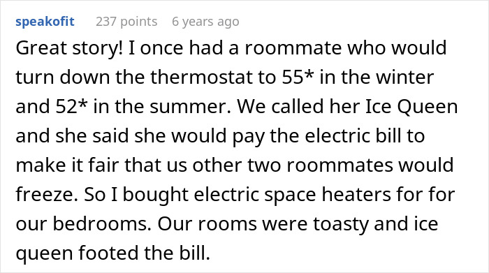 A screenshot showing a comment from speakofit about a roommate and an unusual way to deal with a nightmare neighbor.