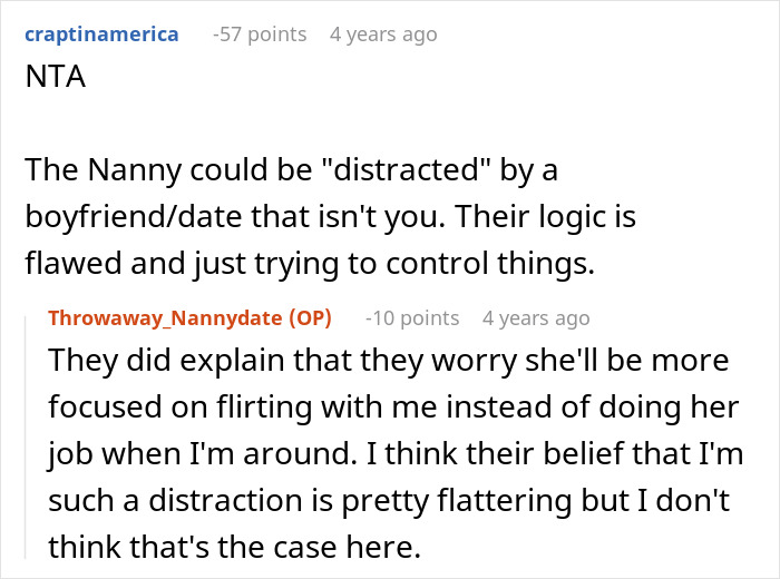 A Reddit post about a guy pursuing his friend's nanny, where a commenter suggests distraction. Friend's nanny, dark truth, creeps people out.