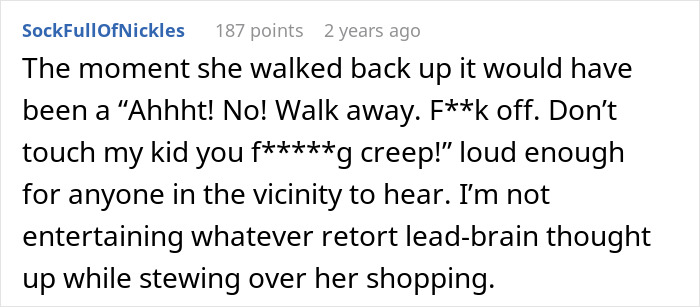 A social media comment from SockFullOfNickles reacting to a boomer's xenophobic remarks, describing a strong defense against unwanted touching. A social media comment from SockFullOfNickles reacting to a boomer's xenophobic remarks, describing a strong defense against unwanted touching.
