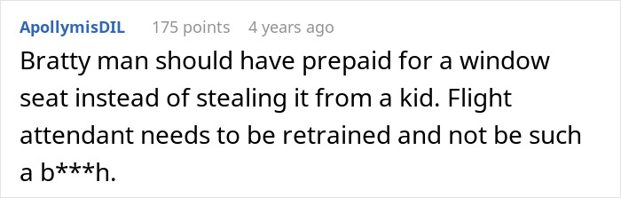 A Reddit comment on a man trying to steal a child's window seat and a flight attendant's actions. A Reddit comment on a man trying to steal a child's window seat and a flight attendant's actions.
