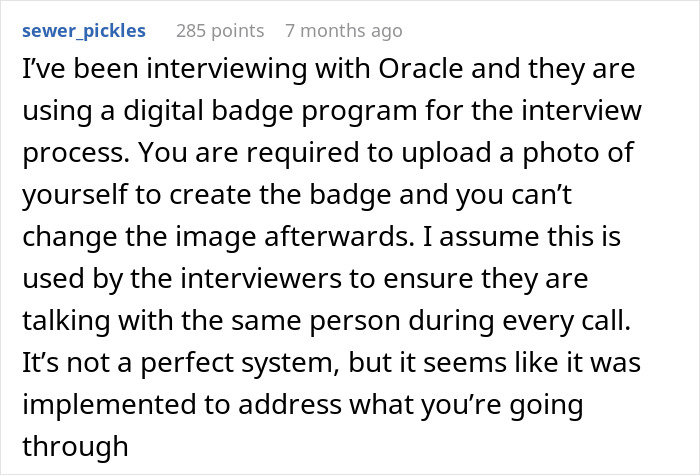 A software engineer describes an Oracle interview process using a digital badge program to prevent hiring scams.