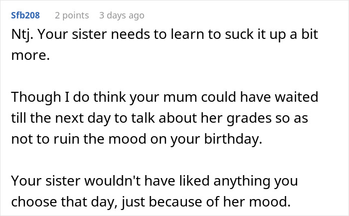 A comment about a teen sister needing to learn self-control at a woman's birthday dinner.
