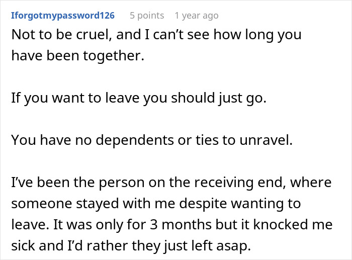 A Reddit comment about leaving a relationship due to a partner losing more than just weight.