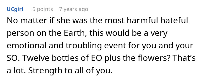 A screenshot of a Reddit comment mentioning the emotional impact of a crazy MIL witching around and her potent potion.