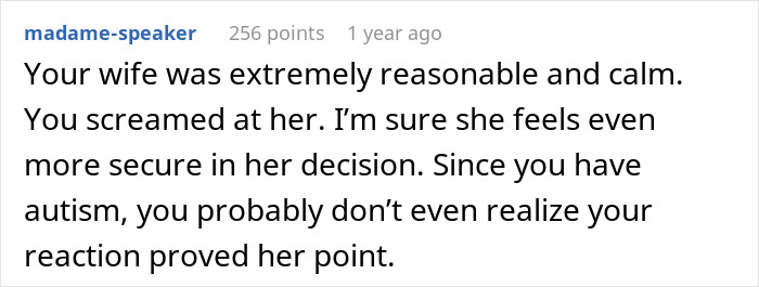 A social media comment stating the wife was reasonable about having kids after an autism diagnosis. A social media comment stating the wife was reasonable about having kids after an autism diagnosis.