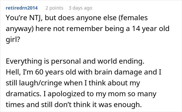 A Reddit comment reflecting on a woman's birthday dinner, relating to the teen sister's drama and remembering being a 14-year-old girl.