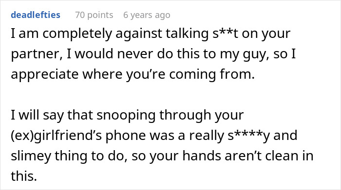 A comment discussing the ethics of an accidental peek at her phone, and if it changes everything.