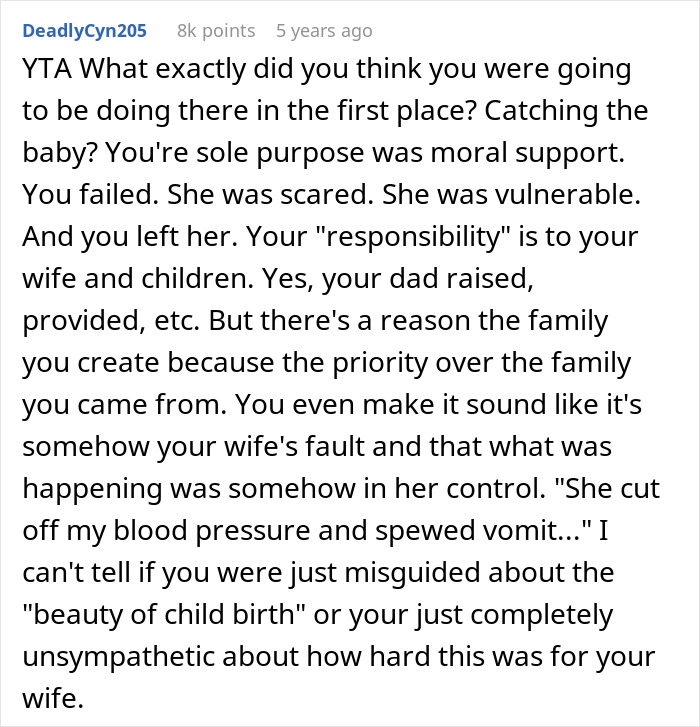 A Reddit comment criticizing a husband for leaving his wife during labor, highlighting his responsibility and lack of support. A Reddit comment criticizing a husband for leaving his wife during labor, highlighting his responsibility and lack of support.