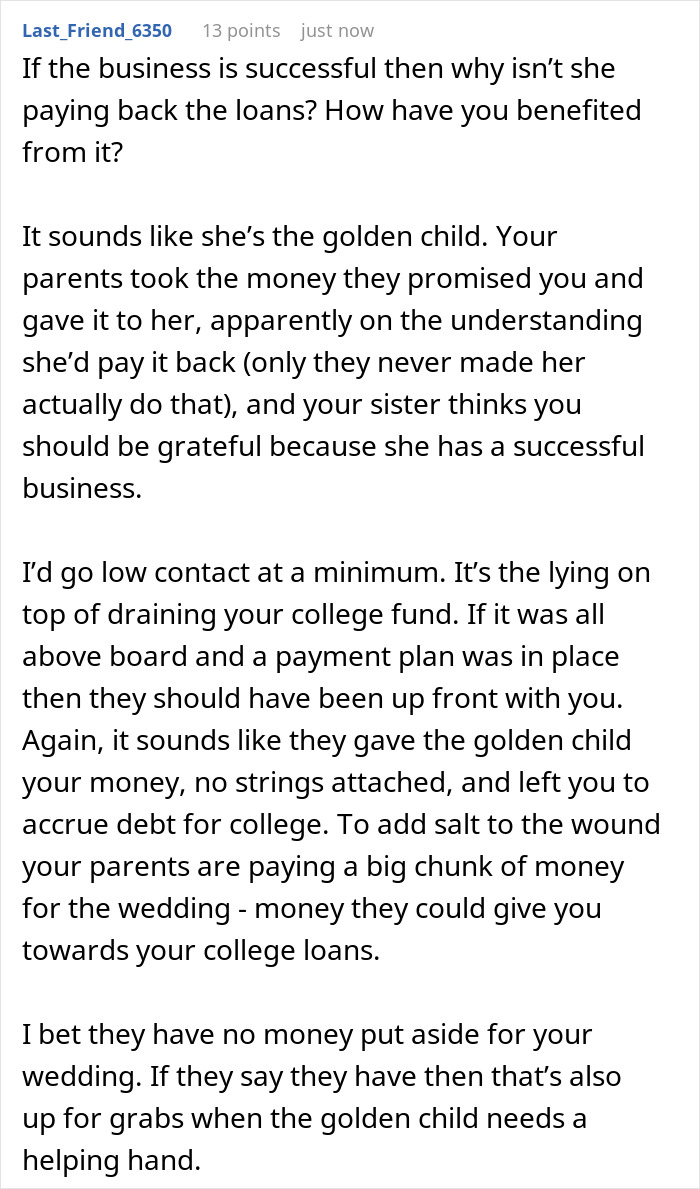 Screenshot of a Reddit comment regarding a woman learning her sister received her college fund, discussing parents giving the money to the 'golden child'. Screenshot of a Reddit comment regarding a woman learning her sister received her college fund, discussing parents giving the money to the 'golden child'.