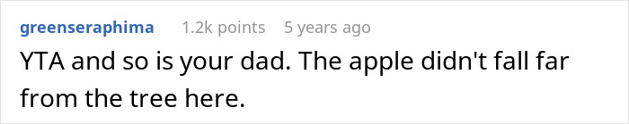 A concise comment saying YTA to the husband and his dad, implying the apple didn't fall far from the tree. A concise comment saying YTA to the husband and his dad, implying the apple didn't fall far from the tree.