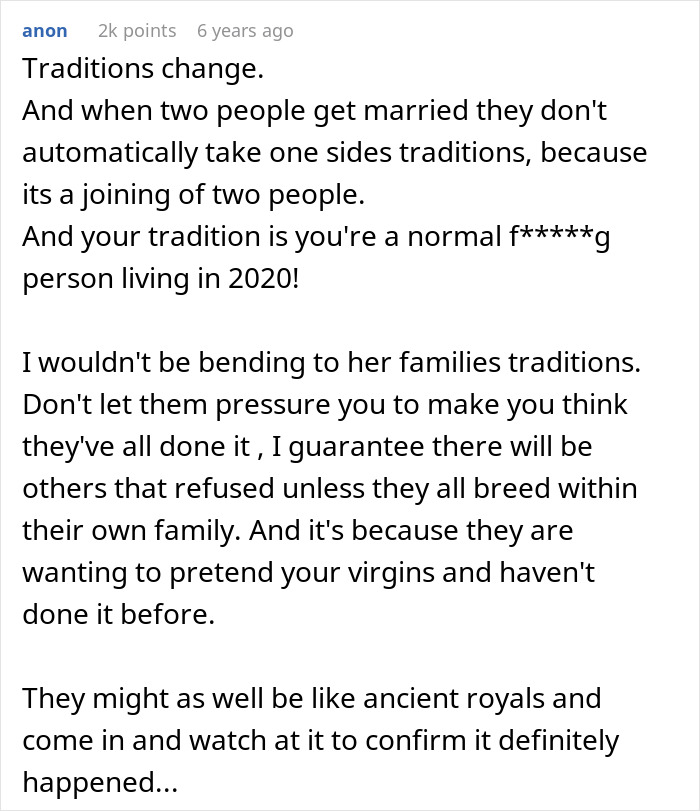 A Reddit comment stating that traditions change and to resist pressure regarding the wedding night bed sheet.