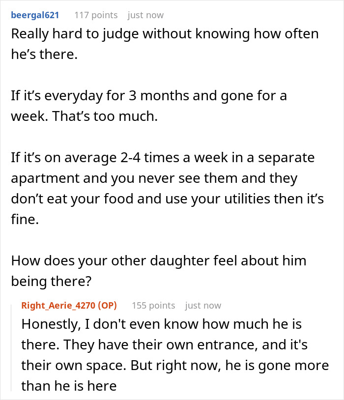 A Reddit comment discusses the frequency of a daughter's boyfriend staying over and whether rent is justified. A Reddit comment discusses the frequency of a daughter's boyfriend staying over and whether rent is justified.