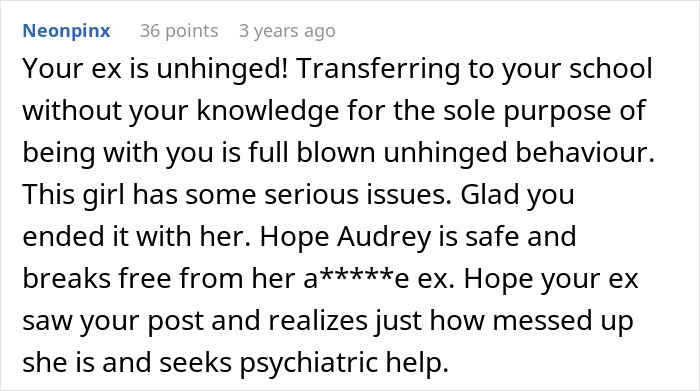 A comment describing a cheating ex as unhinged and needing psychiatric help.