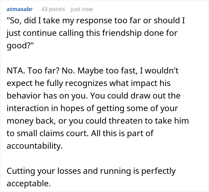 Screenshot of a Reddit comment discussing accountability and getting money back for wedding expenses. Screenshot of a Reddit comment discussing accountability and getting money back for wedding expenses.