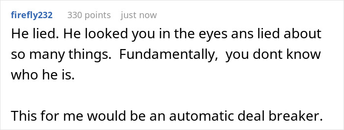 A screenshot of a comment saying a guy lied about many things and it is a deal breaker. A screenshot of a comment saying a guy lied about many things and it is a deal breaker.
