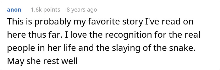 A Reddit comment expresses appreciation for the great-grandma's story and how she trolled her entitled in-law. A Reddit comment expresses appreciation for the great-grandma's story and how she trolled her entitled in-law.