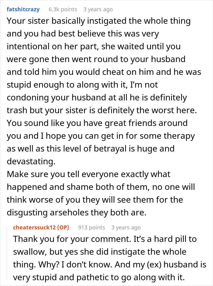 A comment detailing the sister's instigation after the woman discovered her husband and sister naked in her home.