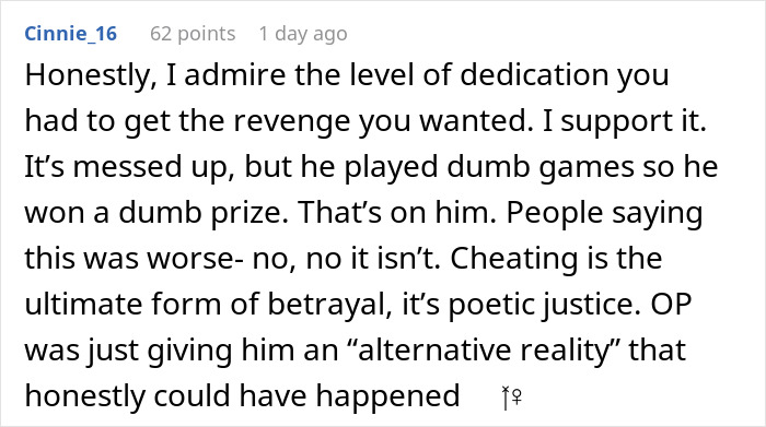 A Reddit comment praising the girlfriend's dedication in making her boyfriend pay for a fake abortion after he secretly dated another woman. A Reddit comment praising the girlfriend's dedication in making her boyfriend pay for a fake abortion after he secretly dated another woman.