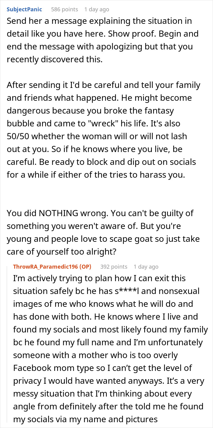 A screenshot of a Reddit comment offering advice to a woman whose BF is a cheater, stressing safety and support.