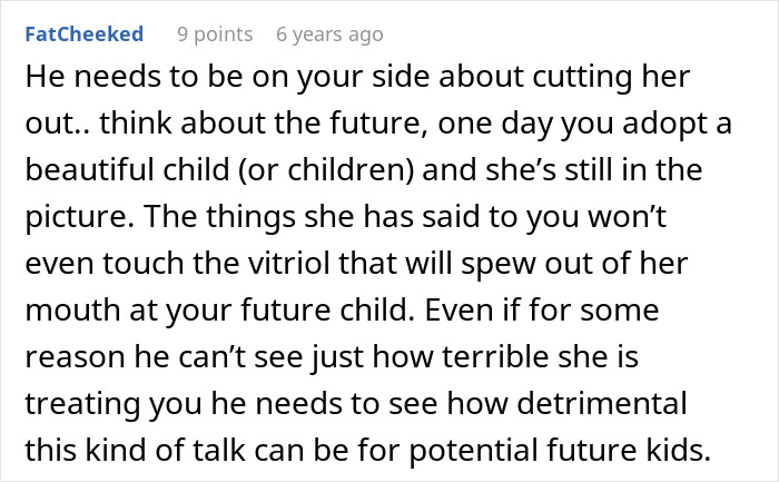 Screenshot of a Reddit comment suggesting the son cut out his mother due to her calling a woman defective and trying to stop her son from marrying her.