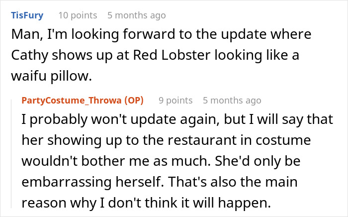 A comment on a Stepmom K-Pop character incident, discussing her showing up to a restaurant in costume. A comment on a Stepmom K-Pop character incident, discussing her showing up to a restaurant in costume.