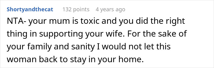 A screenshot of a comment from Shortyandthecat, stating the man's mom is toxic and he supported his wife.