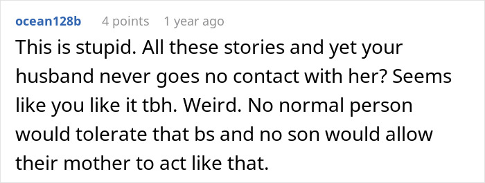A Reddit comment from a user suggesting the DIL likes her husband's inaction to evict the MIL from her house.