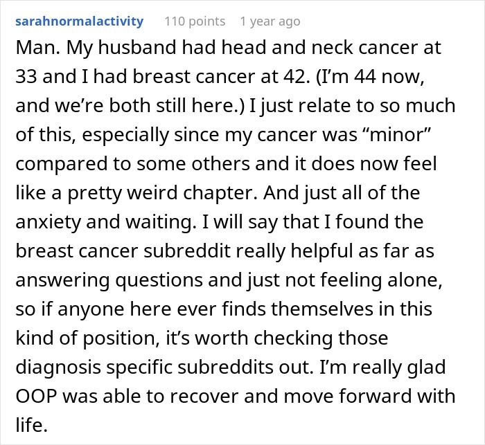 A Reddit comment about a husband with cancer and wife with breast cancer, highlighting the emotional impact of a brain tumor.