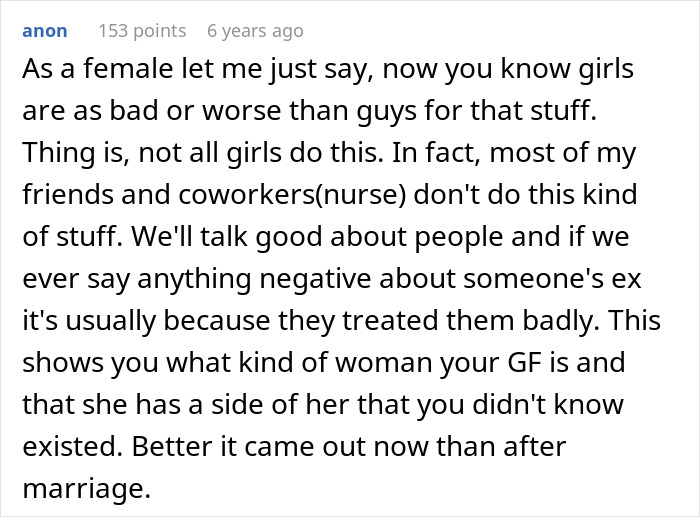 A comment from a female perspective stating that not all girls engage in negative talk, but his girlfriend's actions reveal her true character, hinting at a phone peek revelation.