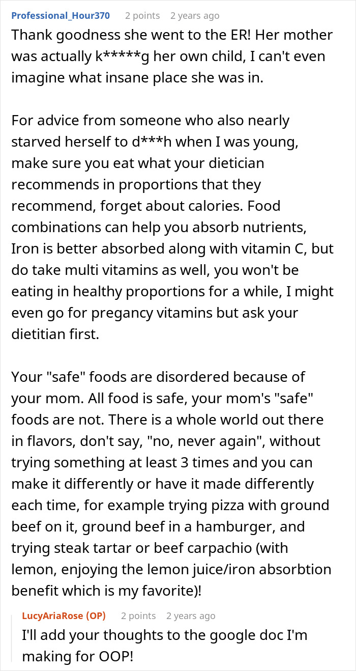 A screenshot of comments with advice for a teen escaping controlling mom on nutrition and eating habits. A screenshot of comments with advice for a teen escaping controlling mom on nutrition and eating habits.