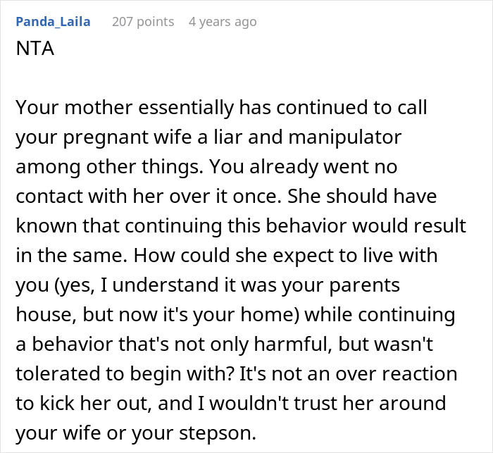 A screenshot of a comment from Panda_Laila, detailing reasons why the man was right to refuse to house his mom.