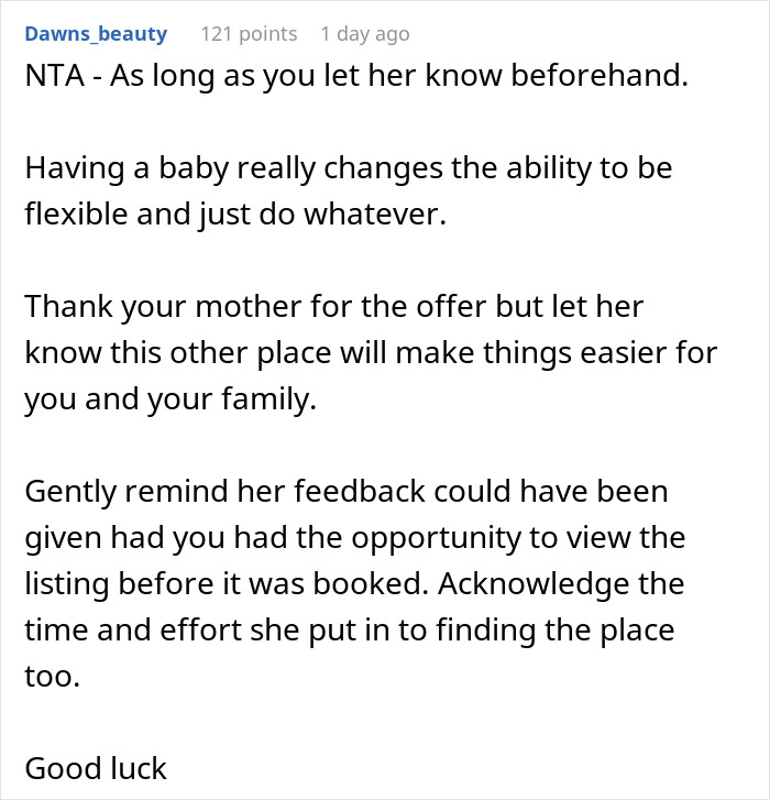 Reddit comment on making travel plans, emphasizing communication and how having a baby changes flexibility for family travel.
