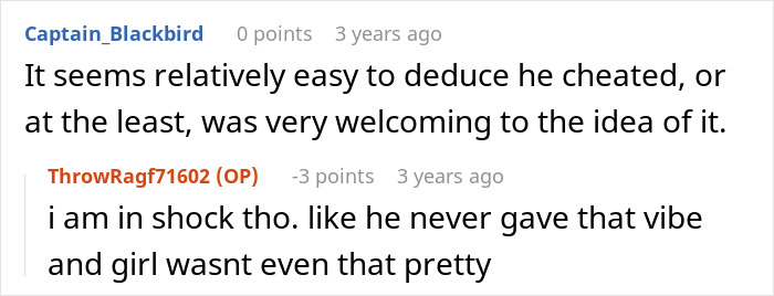 A screenshot showing a comment from user Captain_Blackbird on an online post about a cheating ex.