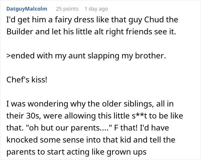 A comment about a bride forbidding her brother from wearing a dress to a wedding, mentioning an aunt slapping the brother. A comment about a bride forbidding her brother from wearing a dress to a wedding, mentioning an aunt slapping the brother.
