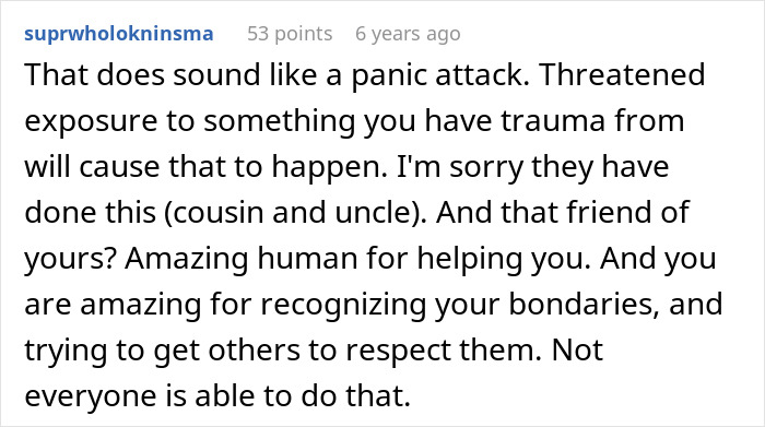 A Reddit comment discussing a woman's panic attack when chased by a clown, relating to her fear of a toxic uncle.