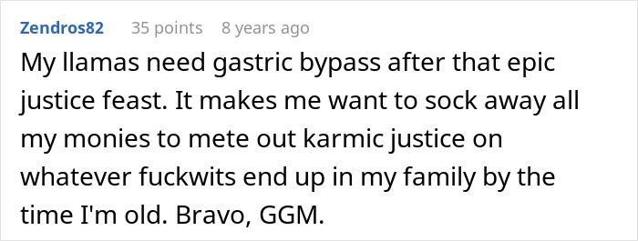 A comment on Great-Grandma trolling, mentioning karmic justice and llamas needing gastric bypass. A comment on Great-Grandma trolling, mentioning karmic justice and llamas needing gastric bypass.