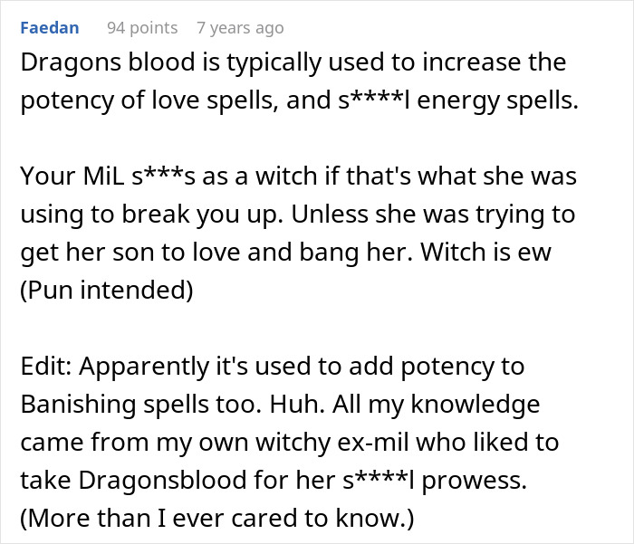 A screenshot with a comment discussing dragon's blood use for love spells, relating to the crazy MIL's witching.