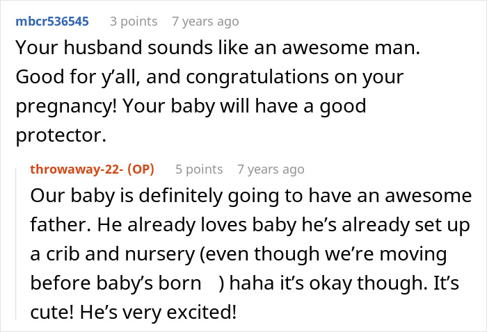 Reddit comments praising the nephew's husband for defending his pregnant wife from insults at family dinner.