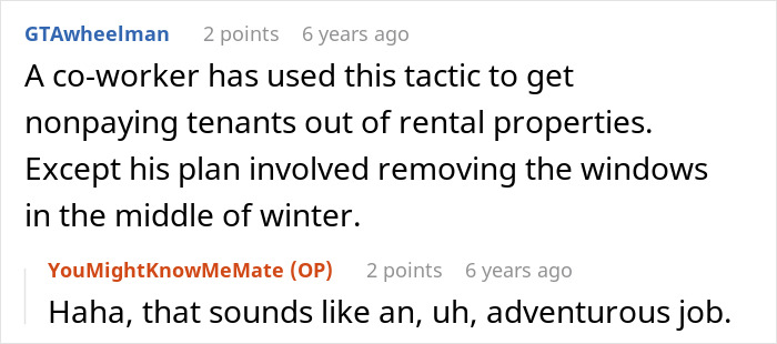 A screenshot of a comment suggesting a tactic for dealing with nonpaying tenants, relevant to a nightmare neighbor story.