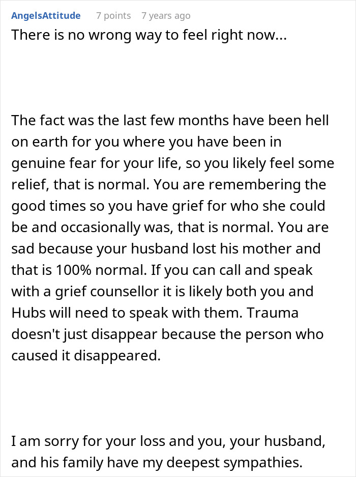 A Reddit comment acknowledging the complex grief and trauma related to the crazy MIL who couldn't survive her most recent potion.