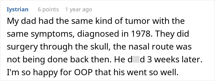 A comment from lystrian discussing a brain tumor and surgical experiences, referencing a second chance at life.