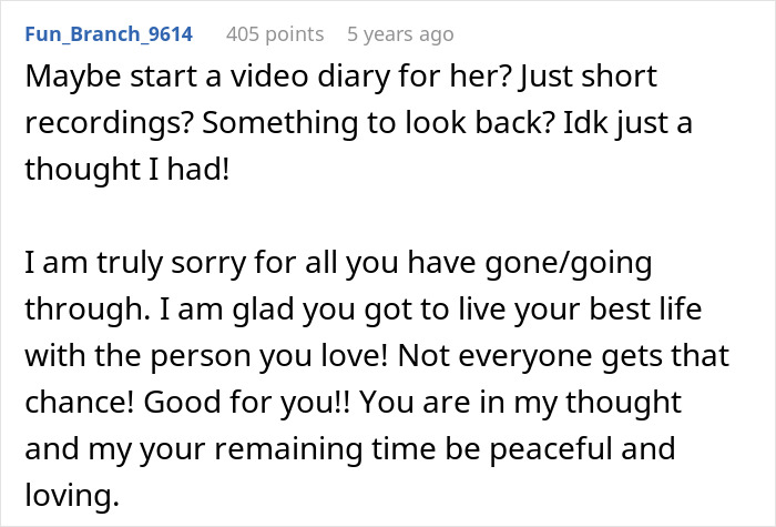 A thoughtful message offering support and suggesting a video diary to a husband delivering sad news to his wife after a trip. A thoughtful message offering support and suggesting a video diary to a husband delivering sad news to his wife after a trip.