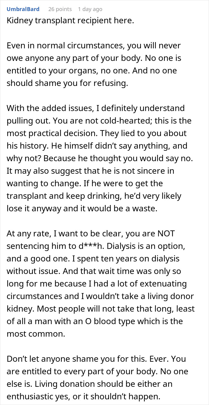 A kidney transplant recipient comment on donating a kidney to BIL, emphasizing body autonomy and the BIL's past drinking. A kidney transplant recipient comment on donating a kidney to BIL, emphasizing body autonomy and the BIL's past drinking.