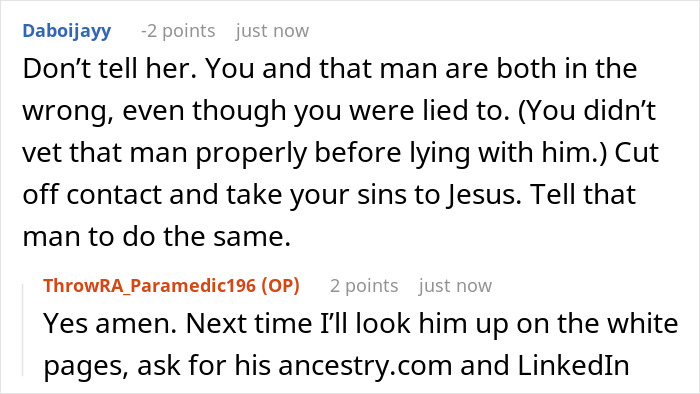 A screenshot of a Reddit comment advising the woman not to tell the pregnant wife about her cheater boyfriend.