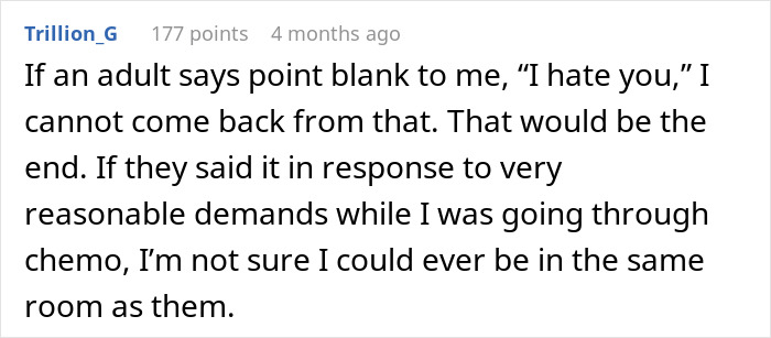 A comment on a post about a guy with cancer and his postpartum wife, discussing the impact of harsh words during chemo.