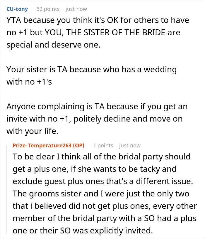 A screenshot of a Reddit comment about a bride and bridesmaid, discussing the wedding guest list and plus ones.