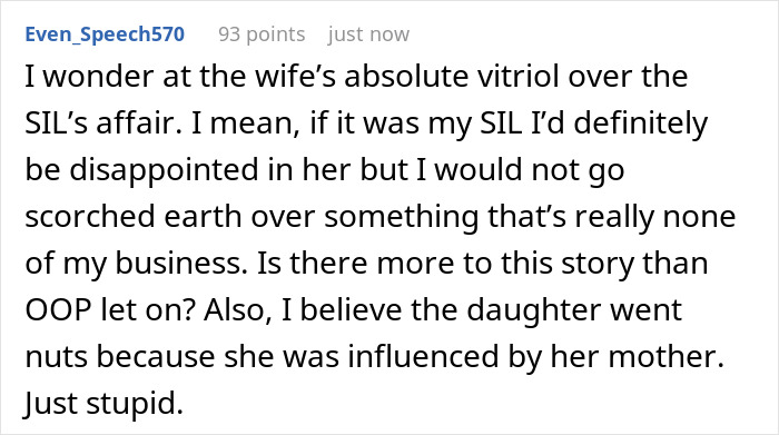 Reddit comment discussing the wife's reaction and daughter's college fund loss after calling her aunt a homewrecker. Reddit comment discussing the wife's reaction and daughter's college fund loss after calling her aunt a homewrecker.