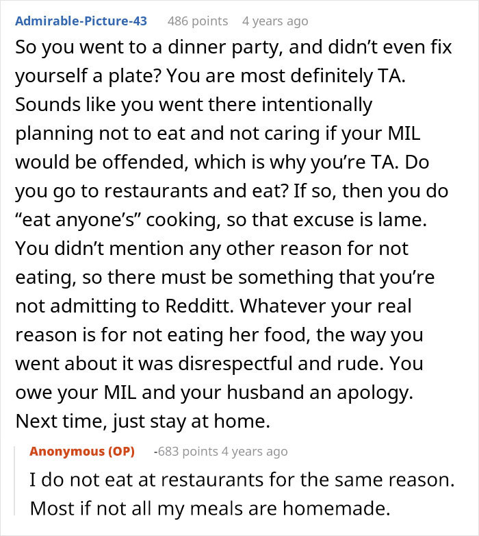 A Reddit comment calling out a woman for refusing to eat her MIL's cooking at a dinner party.