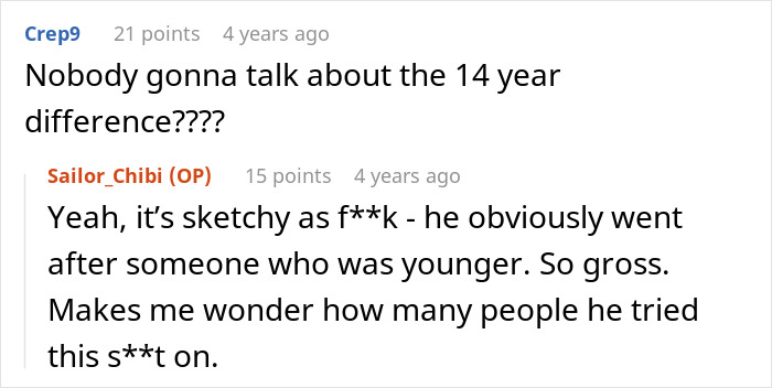 Screenshot of online comments discussing the age difference in a pregnant woman's boyfriend's past relationships. Screenshot of online comments discussing the age difference in a pregnant woman's boyfriend's past relationships.