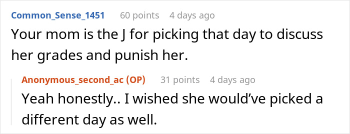 Reddit comments discussing the mother's role in the birthday dinner disaster, where a teen sister cried over food.